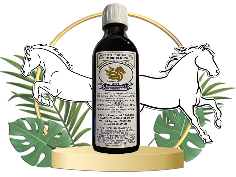 200 ml bottle of GHO Haarlem Oil for horses with illustrated horses and tropical leaves