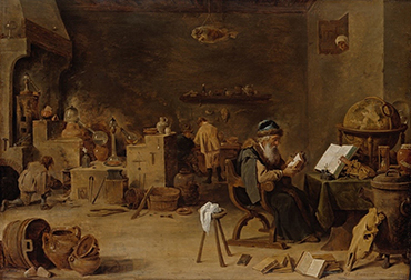 Historical painting of a workshop where an alchemist studies documents surrounded by scientific instruments, illustrating the origins and history of Haarlem Oil.