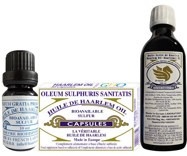 Linha de produtos Óleo de Haarlem composta por uma caixa de 30 cápsulas, um frasco conta-gotas de 10 ml e uma garrafa de 200 ml de suplemento de enxofre biodisponível.