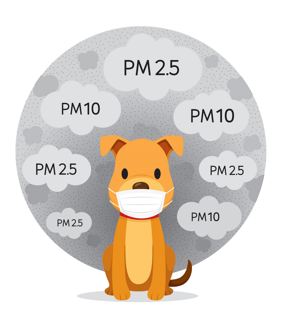 Ilustración de un perro con una mascarilla de protección rodeado de partículas contaminantes PM2.5 y PM10, destacando el impacto de la calidad del aire en la salud de las mascotas.