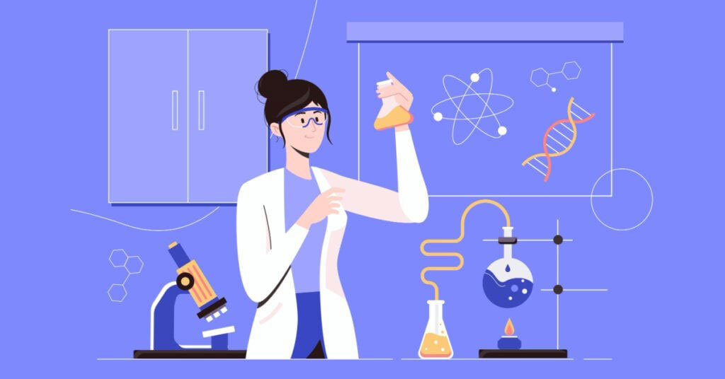 Modern illustration of a scientist conducting laboratory research with scientific equipment, molecular diagrams, and laboratory glassware, representing the science and innovation behind Haarlem Oil.