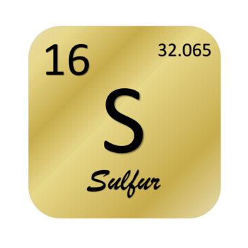 Casilla de la tabla periódica del azufre (S), que muestra el número atómico 16 y la masa atómica 32,065, destacando el mineral esencial utilizado en el Aceite de Haarlem.