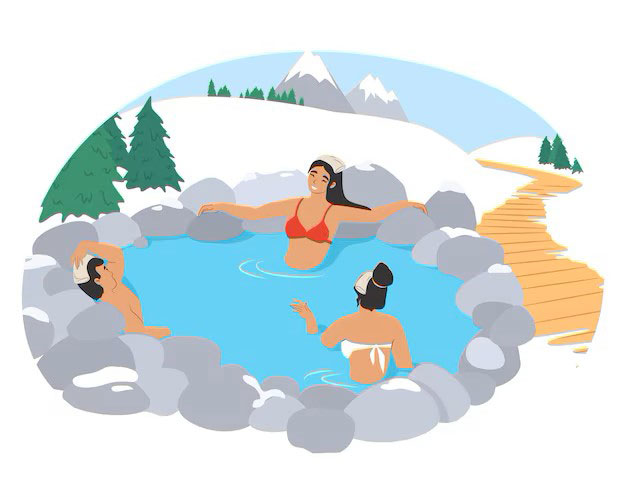 Ilustración de personas relajándose en una piscina termal natural, representando el uso tradicional de las aguas termales ricas en azufre para el bienestar y los baños.