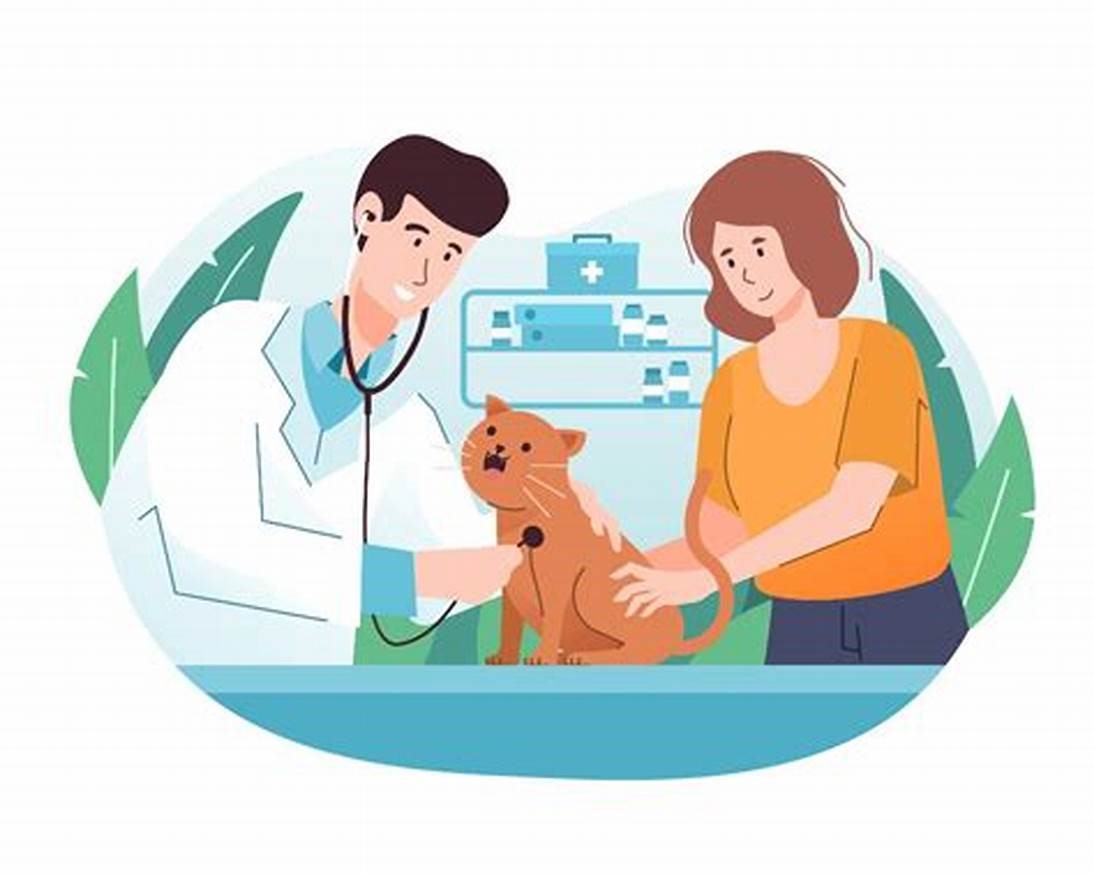 Ilustración de un veterinario examinando a un gato con un estetoscopio mientras el propietario de la mascota se encuentra cerca, representando la atención preventiva y el bienestar de las mascotas.