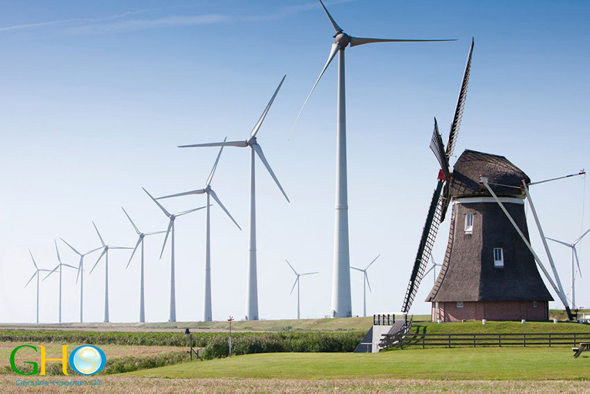 Traditional Dutch windmill and modern wind turbines in green countryside, homeland of GHO Haarlem Oil